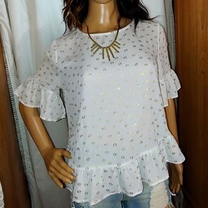 W5 brand SZ S short bell sleeve wht/gold accent blouse